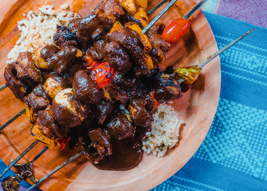 BEEF SHISH KABOB WITH MOLE ROJO SAUCE