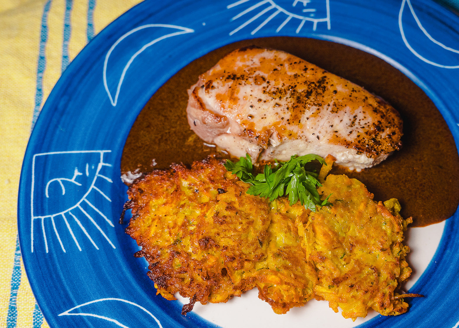 GRILLED NEW YORK PORK CHOPS WITH MOLE COLORADITO AND SWEET POTATO AND APPLE FRITTERS AND