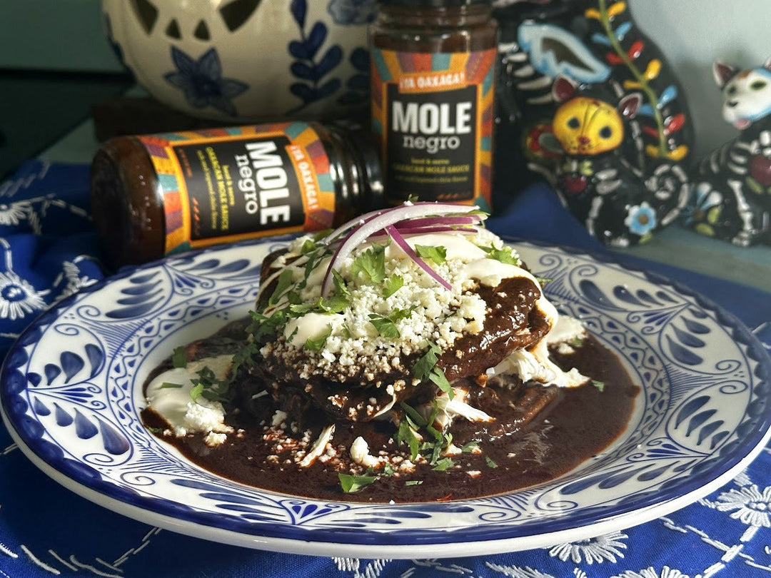 Stacked Enmoladas with Chicken, Cheese and Mole Negro