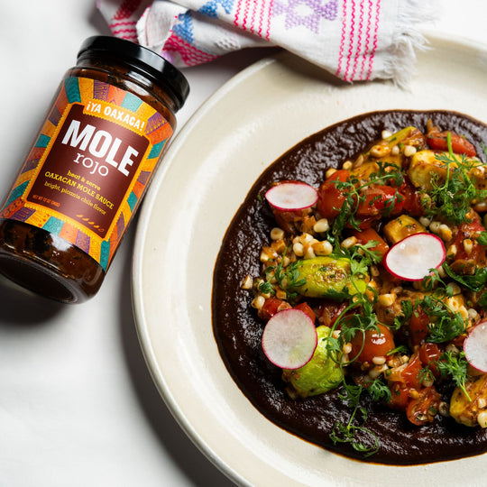 ¡Ya Oaxaca! Mole rojo over grilled summer vegetables.
