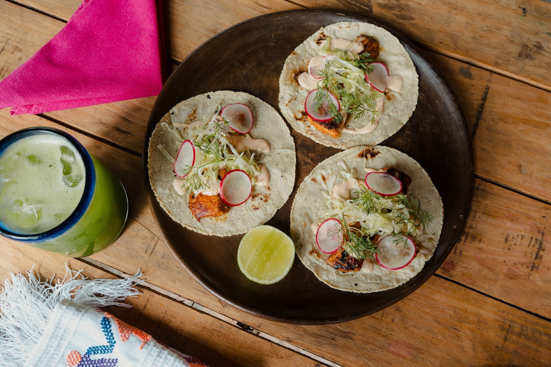 Grilled Fish Tacos with Adobo Barbacoa & Chile de Árbol Mayo