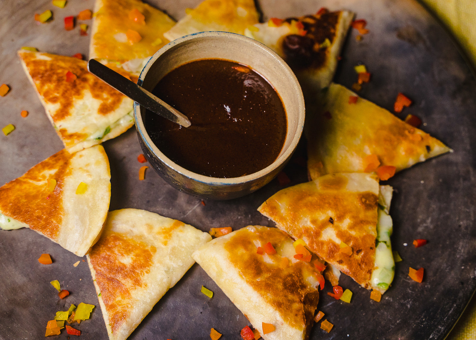 QUESADILLAS WITH MOLE ROJO