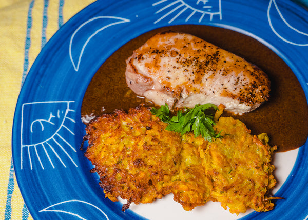 GRILLED NEW YORK PORK CHOPS WITH SWEET POTATO AND APPLE FRITTERS AND MOLE COLORADITO