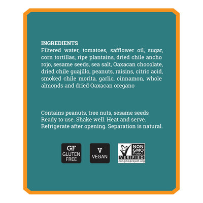 Turquoise label with ingredients list for mole coloradito. 