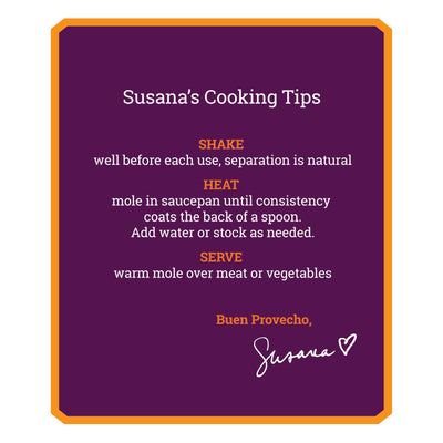Purple label with Chef Susana's Trilling's cooking tips to shake, heat & serve. 