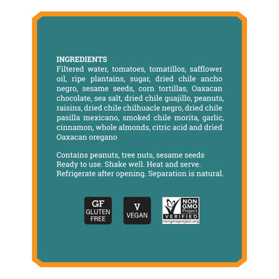 Turquoise label showing ingredients list for mole negro.