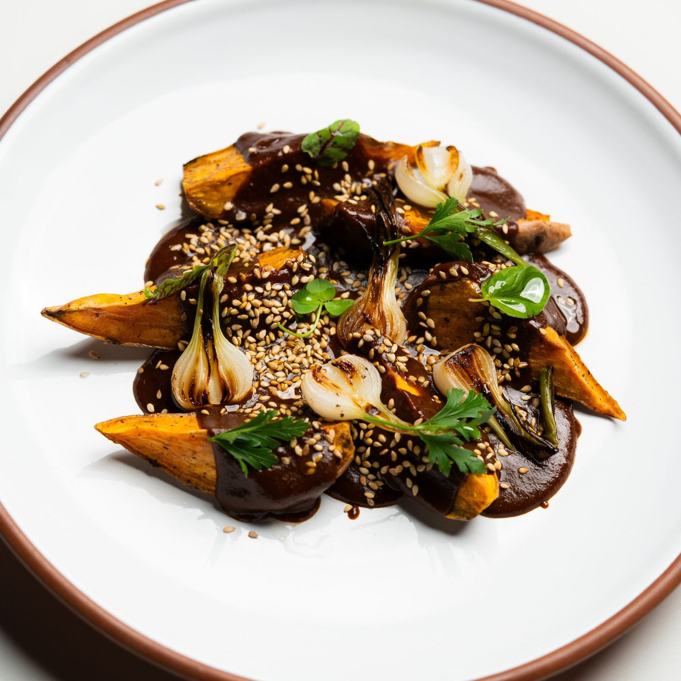 A plate of mole coloradito over sweet potatoes, spring onions, sesame seeds, and herbs. 